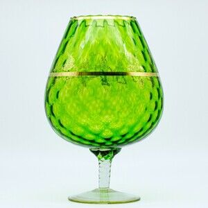 LARGE EMPOLI GLASS BRANDY SNIFTER - DIAMOND Optic Green, Gold Decorative, EUC
